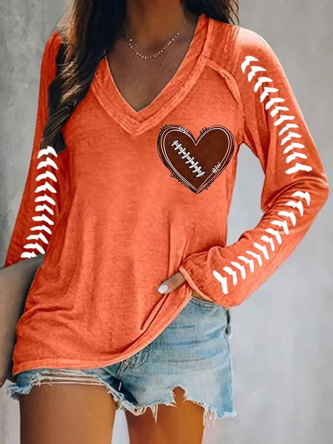 Football Themed Heart Graphic V-Neck Long Sleeve Shirt Game Day Clothing Gifts For Women