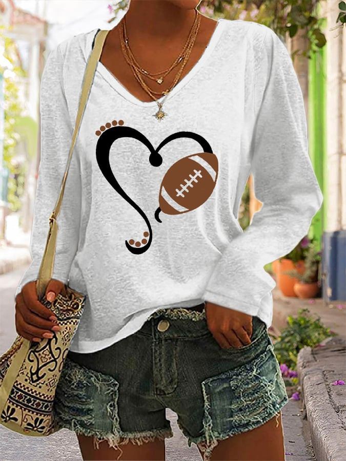 Football Themed Heart Graphic V-Neck Long Sleeve Shirt Game Day Football Clothing