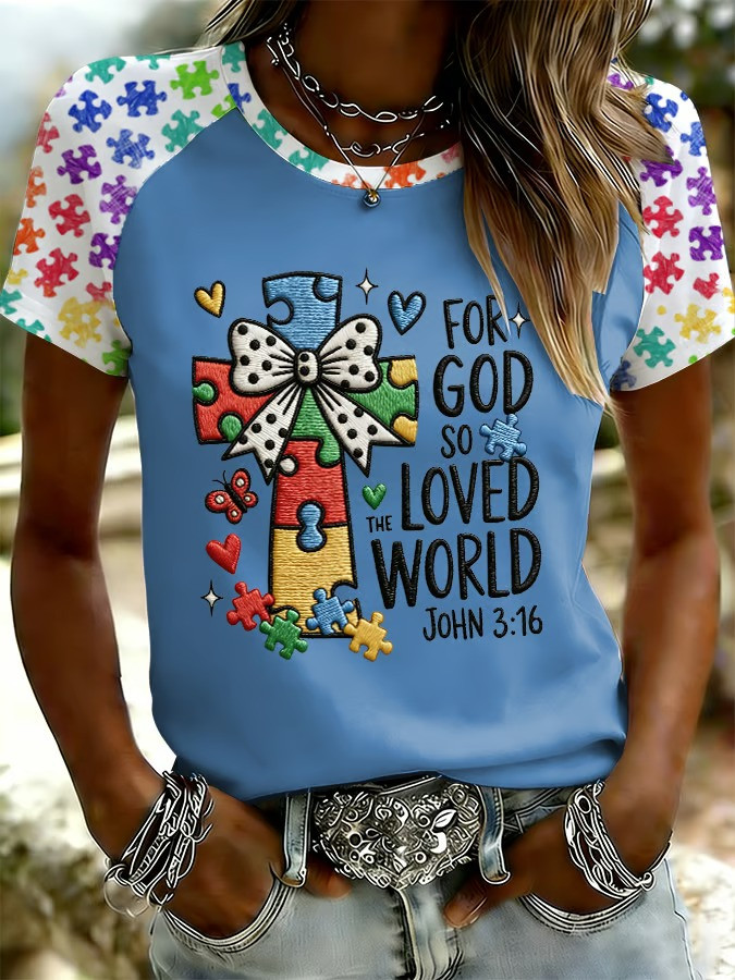 For God So Loved The World John 3 16 Autism Awareness T-Shirt Puzzle Cross Best Gift For Believers