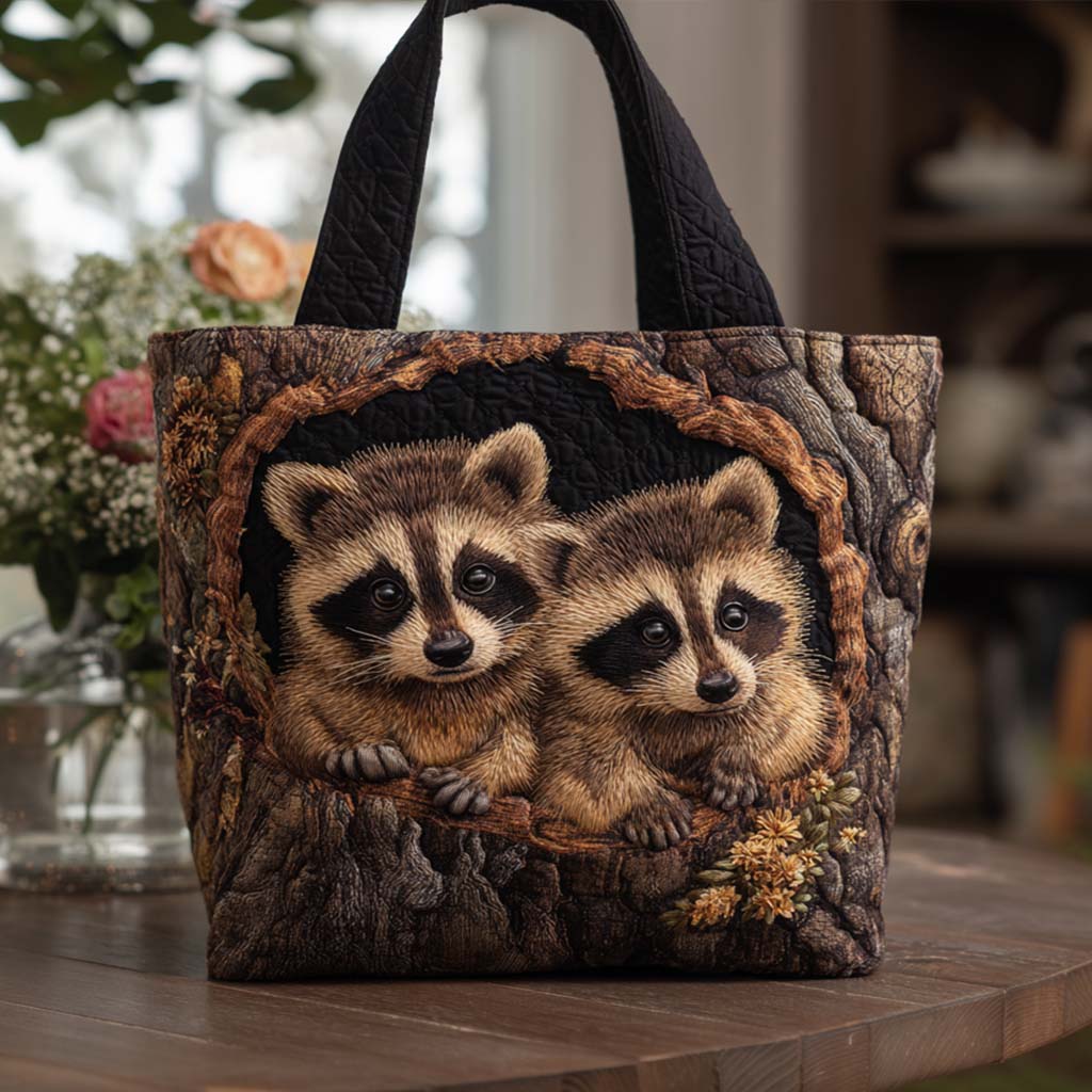 Forest Bandit Quilted Tote Bag Raccoon In A Blanket
