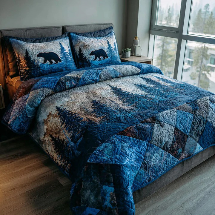 Forest Bear 3-Piece Quilted Bedding Set Rustic Wildlife Bedspread Best Gift For Bear Lovers Campers