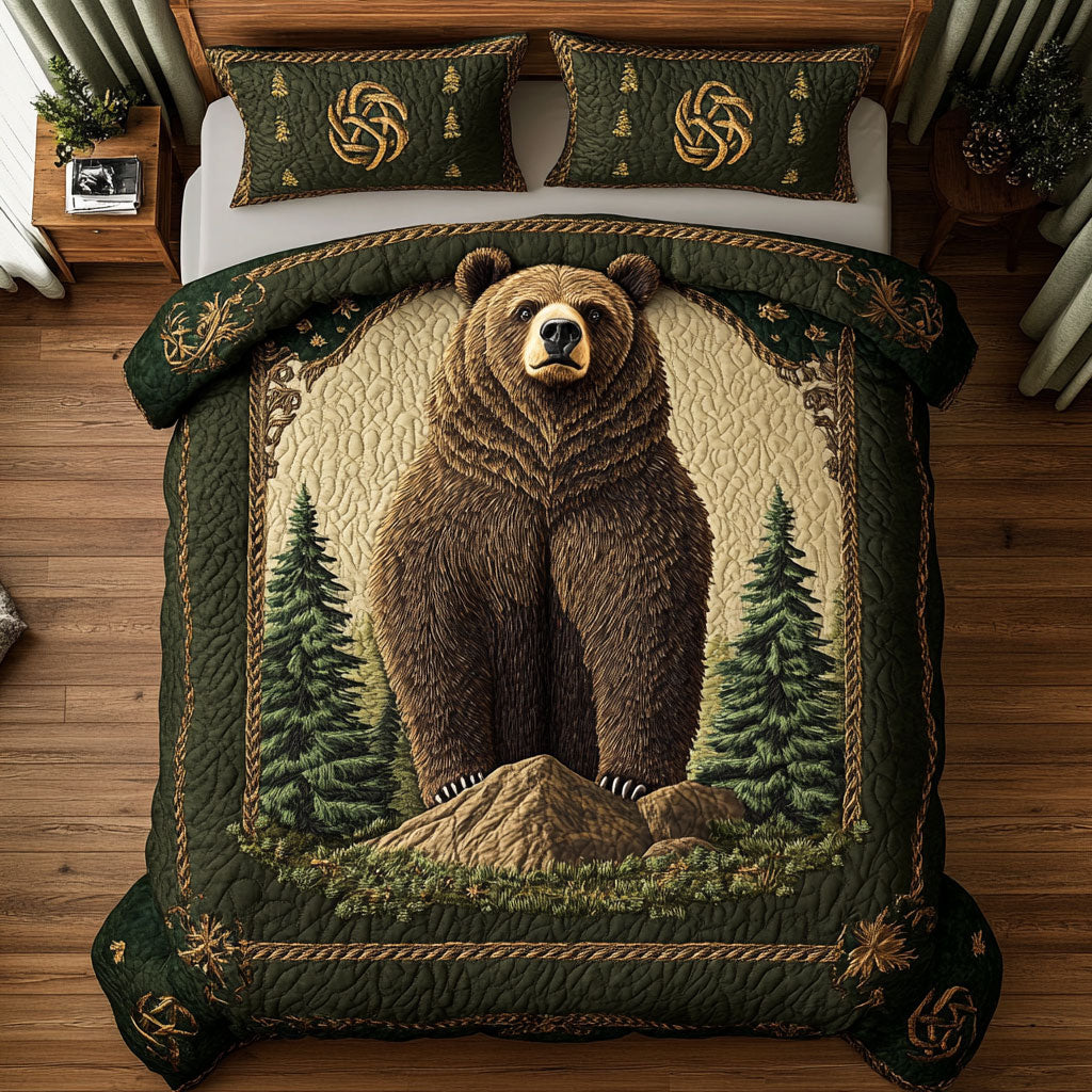 Forest Bear Quilt Bedding Set King Bedspread Nature Christmas Gift for Adults