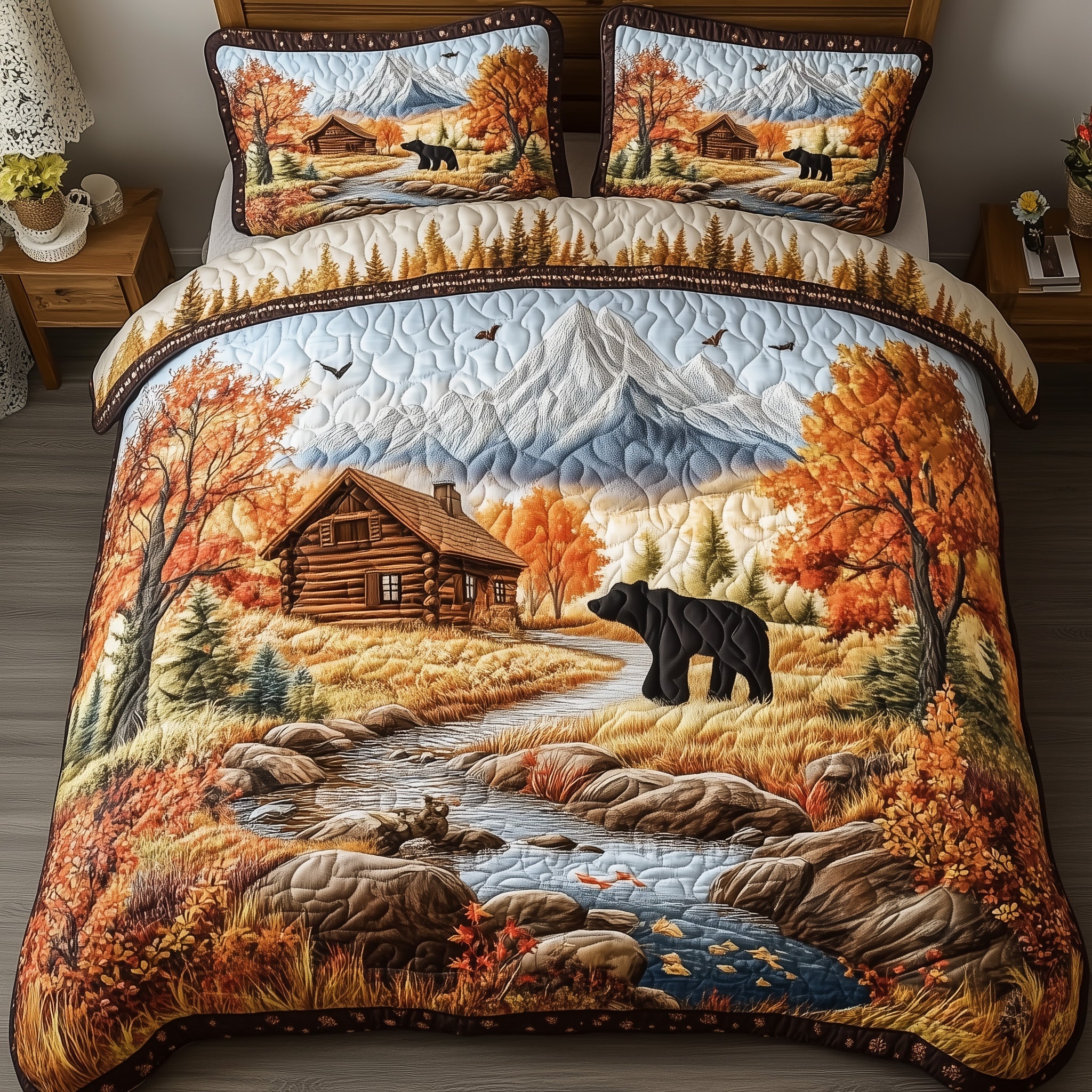 Forest Bear Quilted Bedding Set Autumn Bear Stroll Best Wildlife Bedroom Gifts