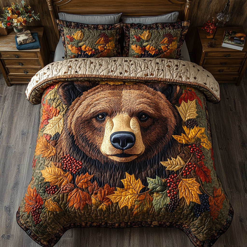 Forest Bear Quilted Bedding Set Autumn Bed Sheet Set Gifts For Bear Lovers