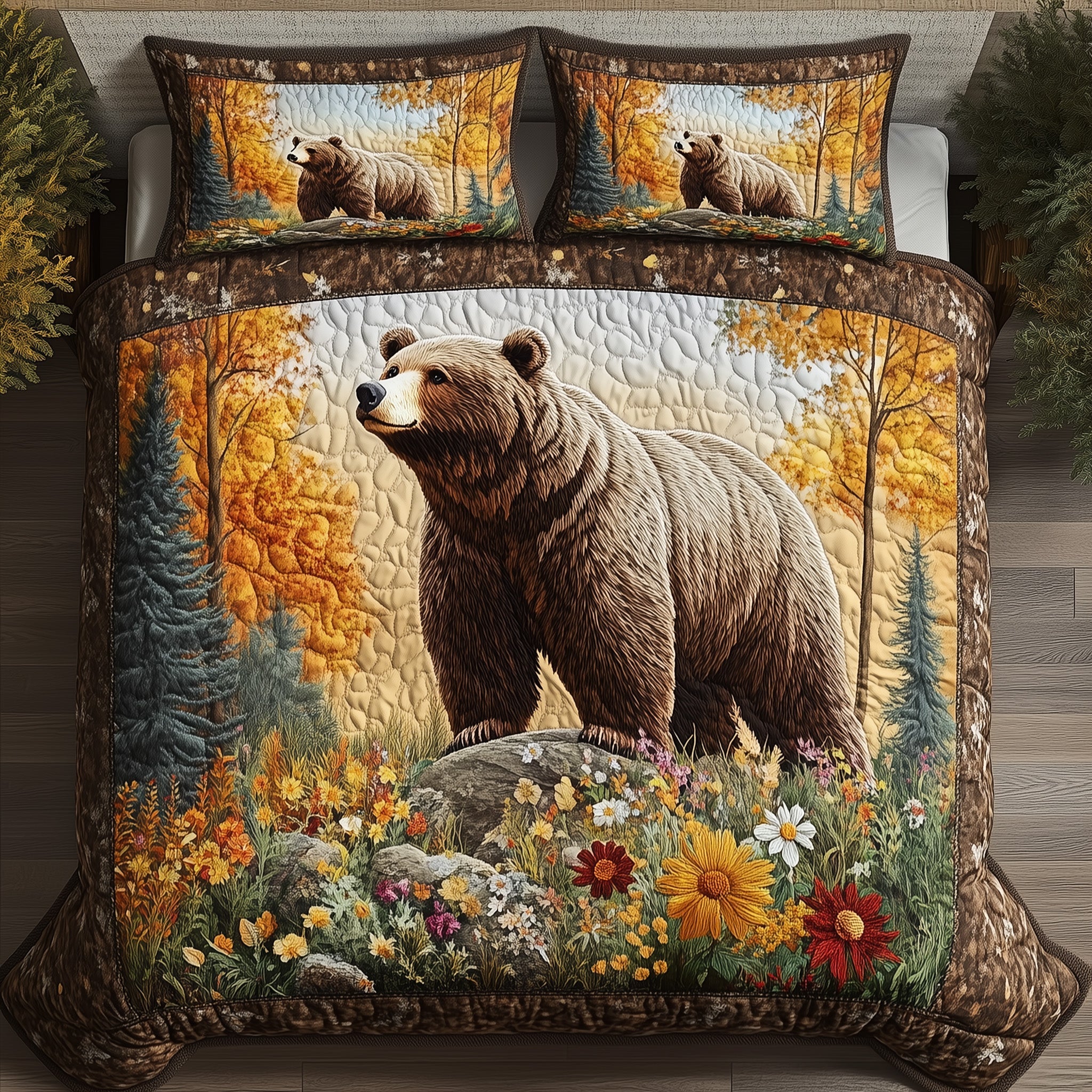 Forest Bear Quilted Bedding Set Bear Among The Leaves Unique Fall Bedroom Gifts