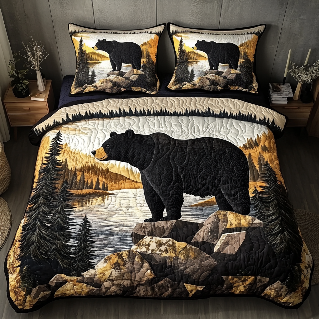 Forest Bear Quilted Bedding Set Bed Decor Best Gifts For Bear Lovers Men