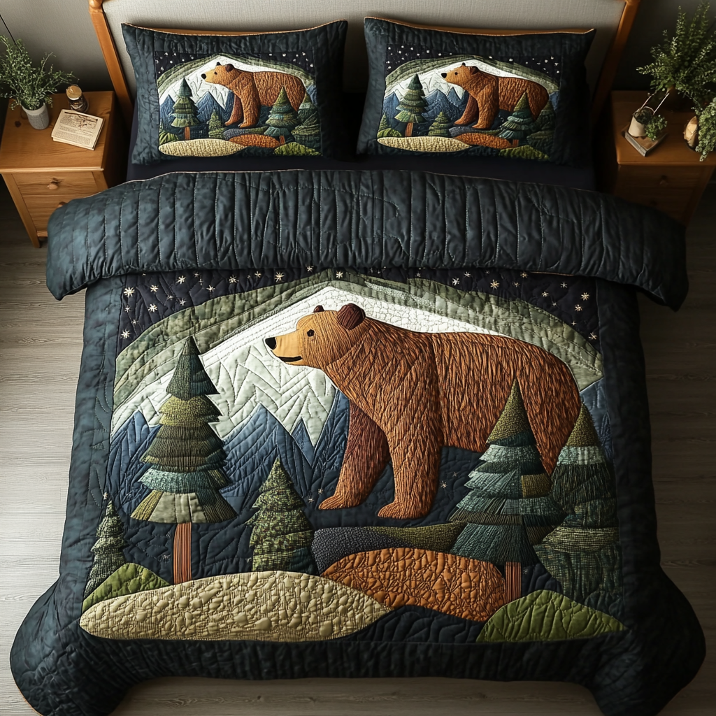 Forest Bear Quilted Bedding Set Bed Decor Gifts For Wildlife Enthusiasts