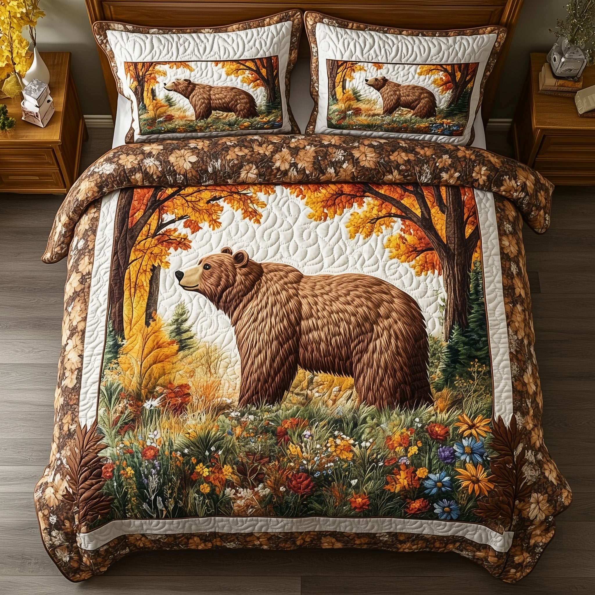 Forest Bear Quilted Bedding Set Cozy Autumn Forest Vibes Decor Best Wildlife Bedroom Gifts