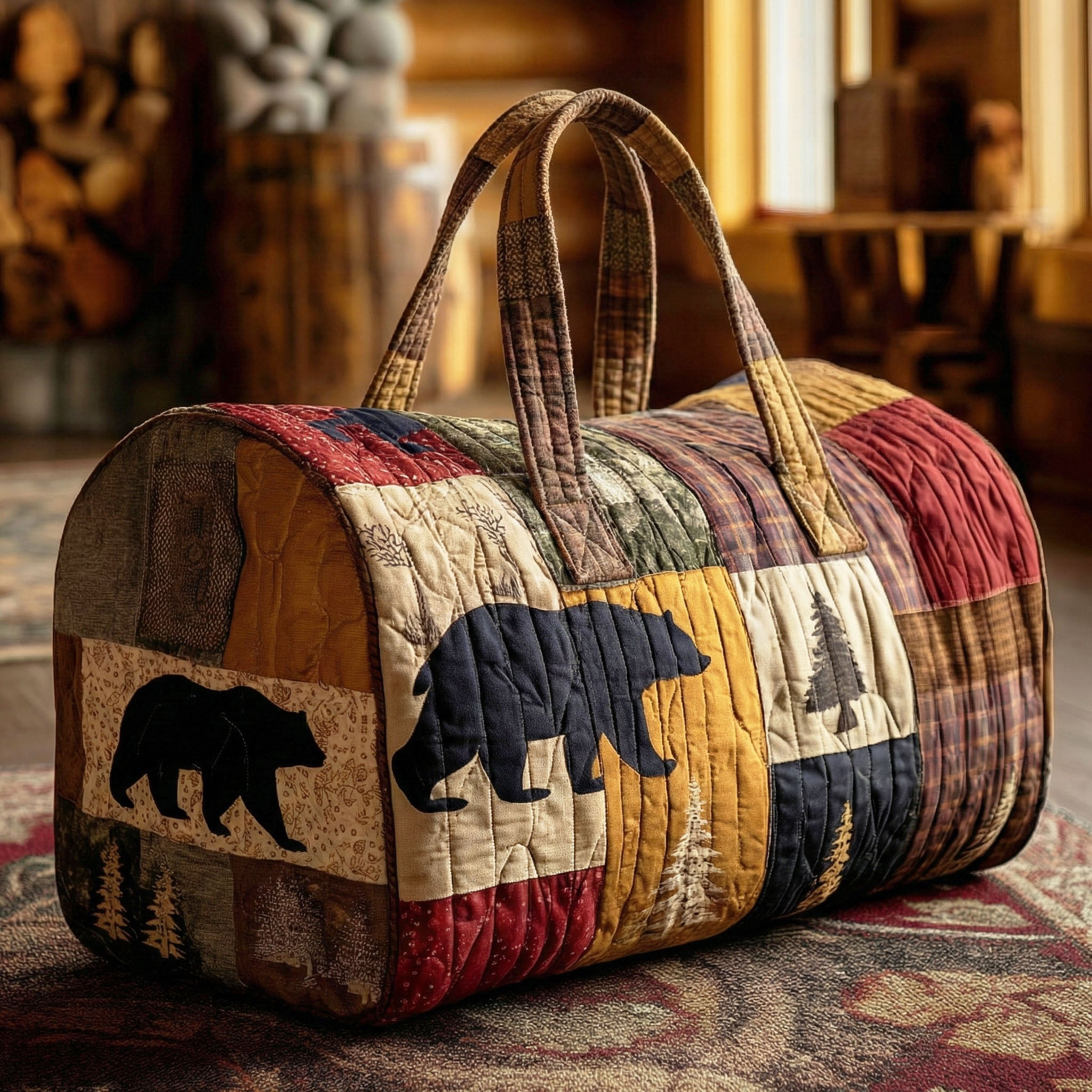 Forest Bear Quilted Duffle Bag Wildlife Travel Gear Best Gift For Nature Lovers