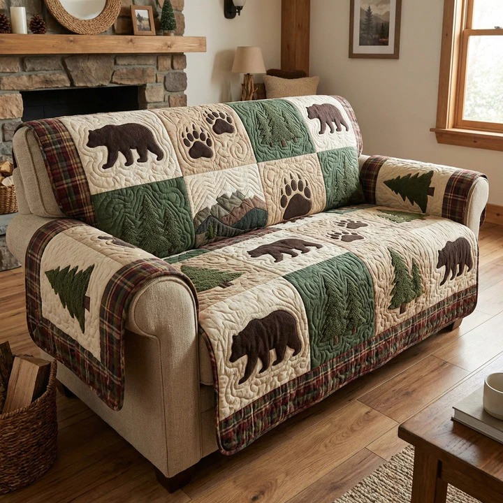 Forest Bear Quilted Sofa Cover Rustic Wildlife Furniture Protector Best Gift For Bear Lovers