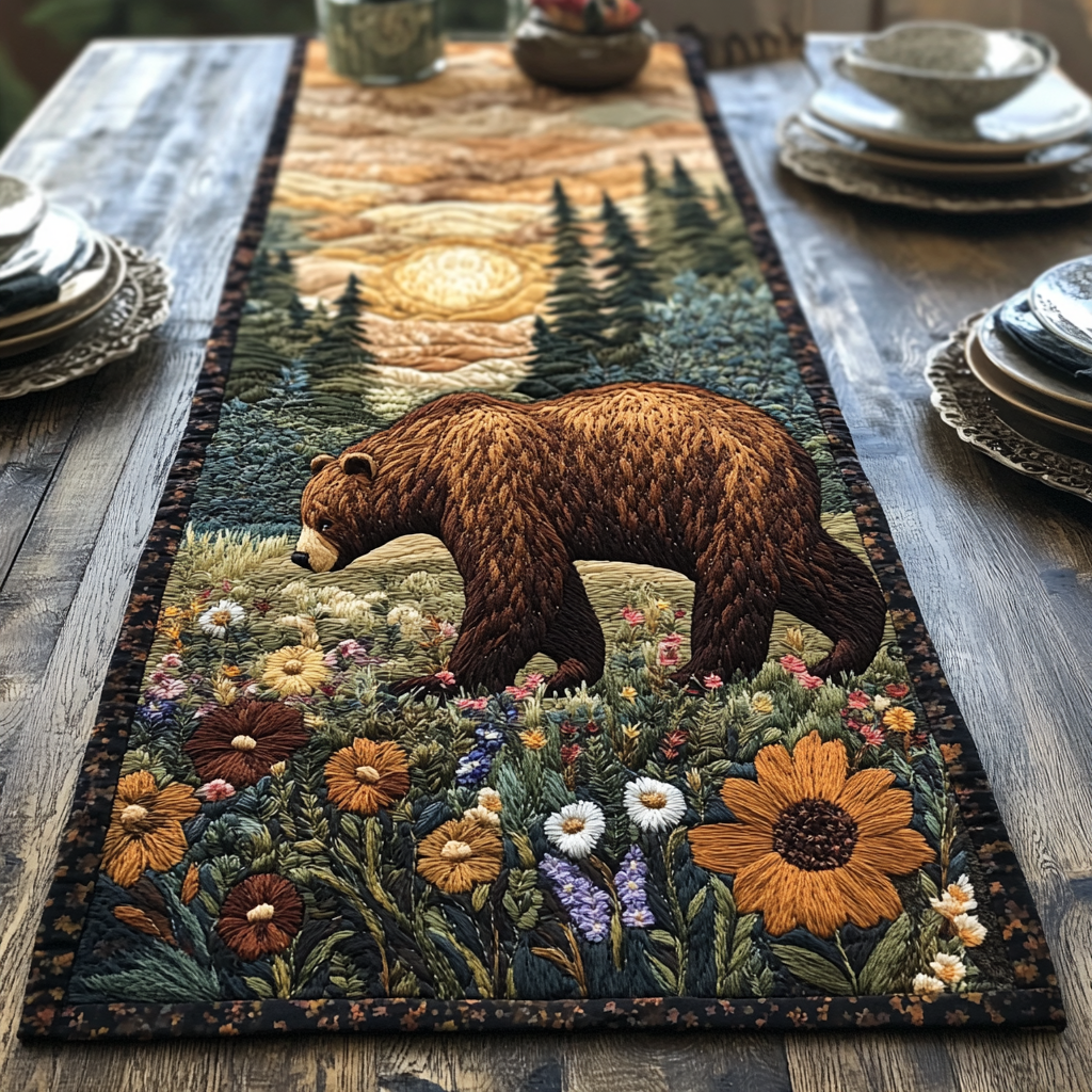 Forest Bear Quilted Table Runner Dining Room Decor Nature Lover Gift Ideas
