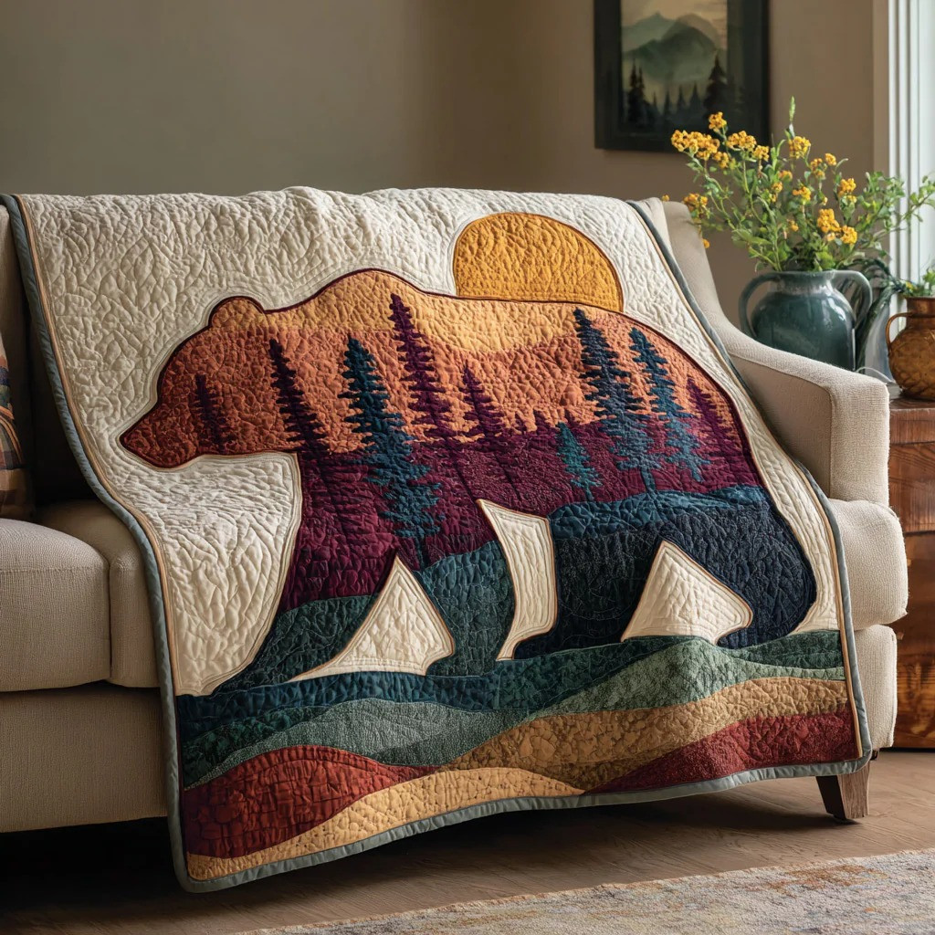 Forest Bear Silhouette Quilted Blanket Mountain Wilderness Decor Gift For Outdoorsman