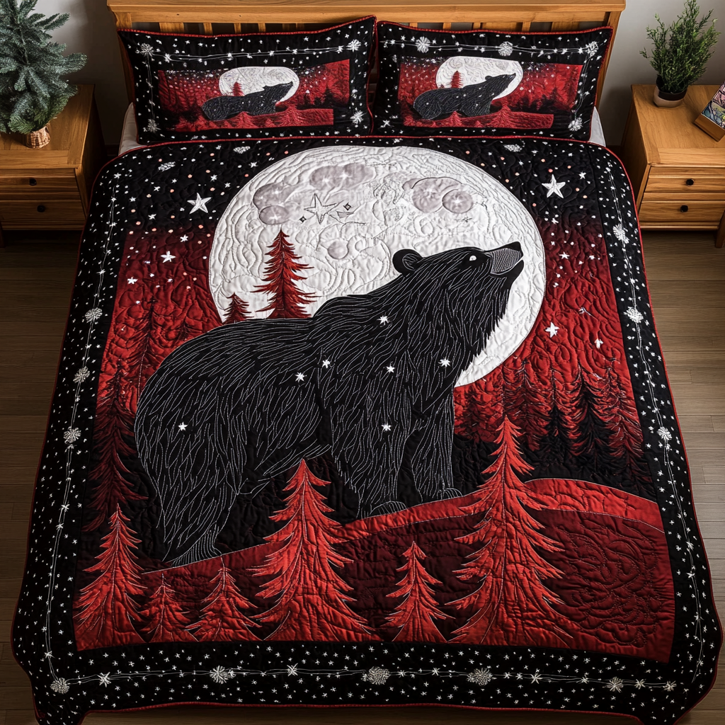 Forest Bears Quilted Bedding Set Holiday Season Duvet Cover Set Cute Bear Themed Presents