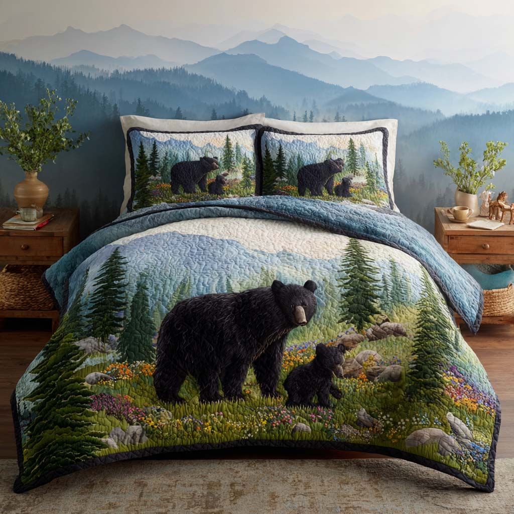 Forest Bond Quilted Bedding Set Aesthetic Room Decor Cute Bear Themed Presents