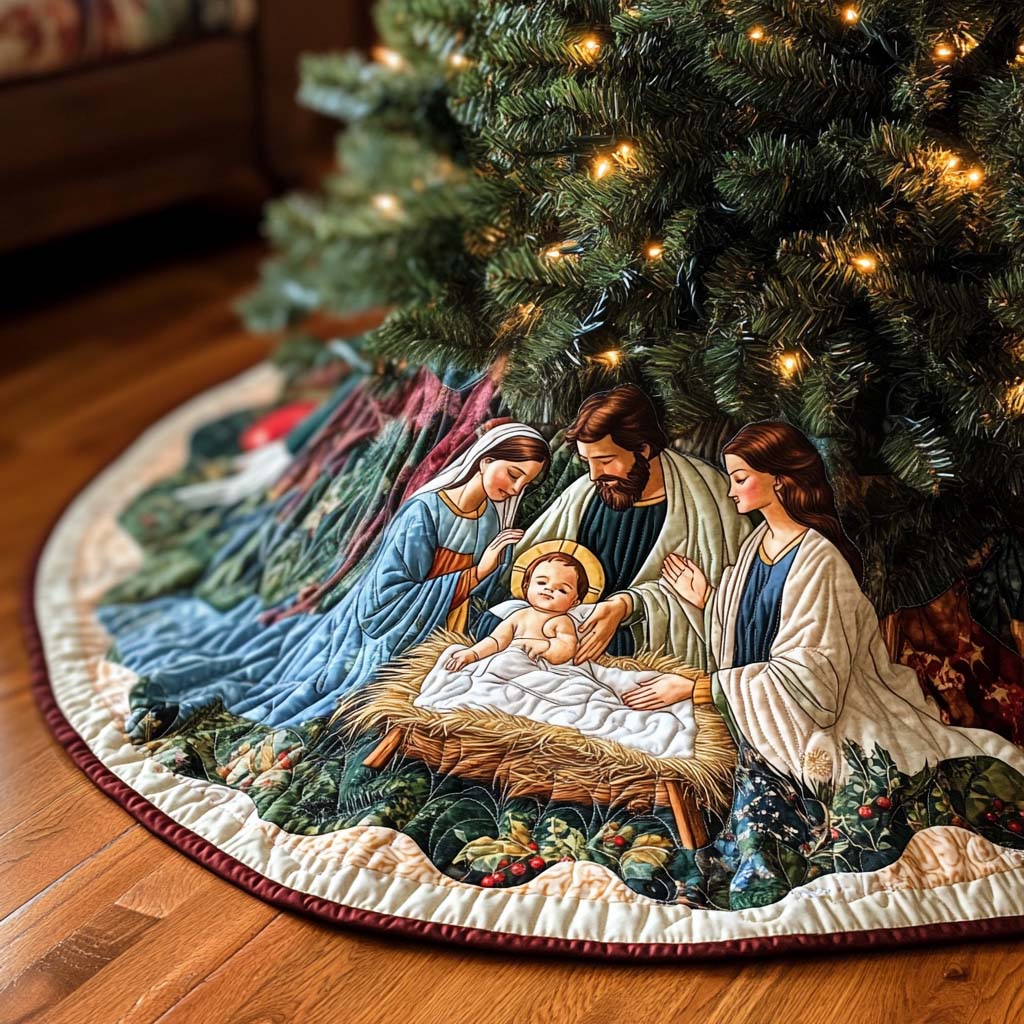 Forest Carol Christmas Quilted Tree Skirt Holiday Home Decor Christian Gifts For Christmas