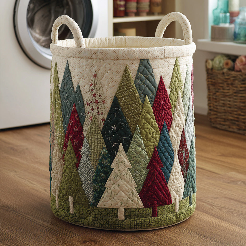 Forest Christmas Tree Quilted Laundry Basket Trendy Quilted Laundry Tote for Home and Dorm