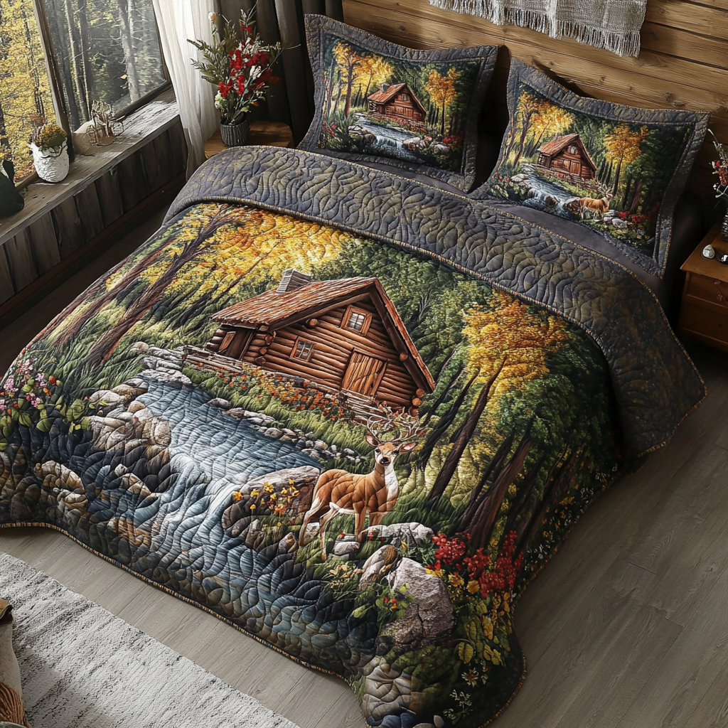 Forest Deer Lodge Quilted Bedding Set Cozy Bedroom Decor Family Xmas Present Ideas