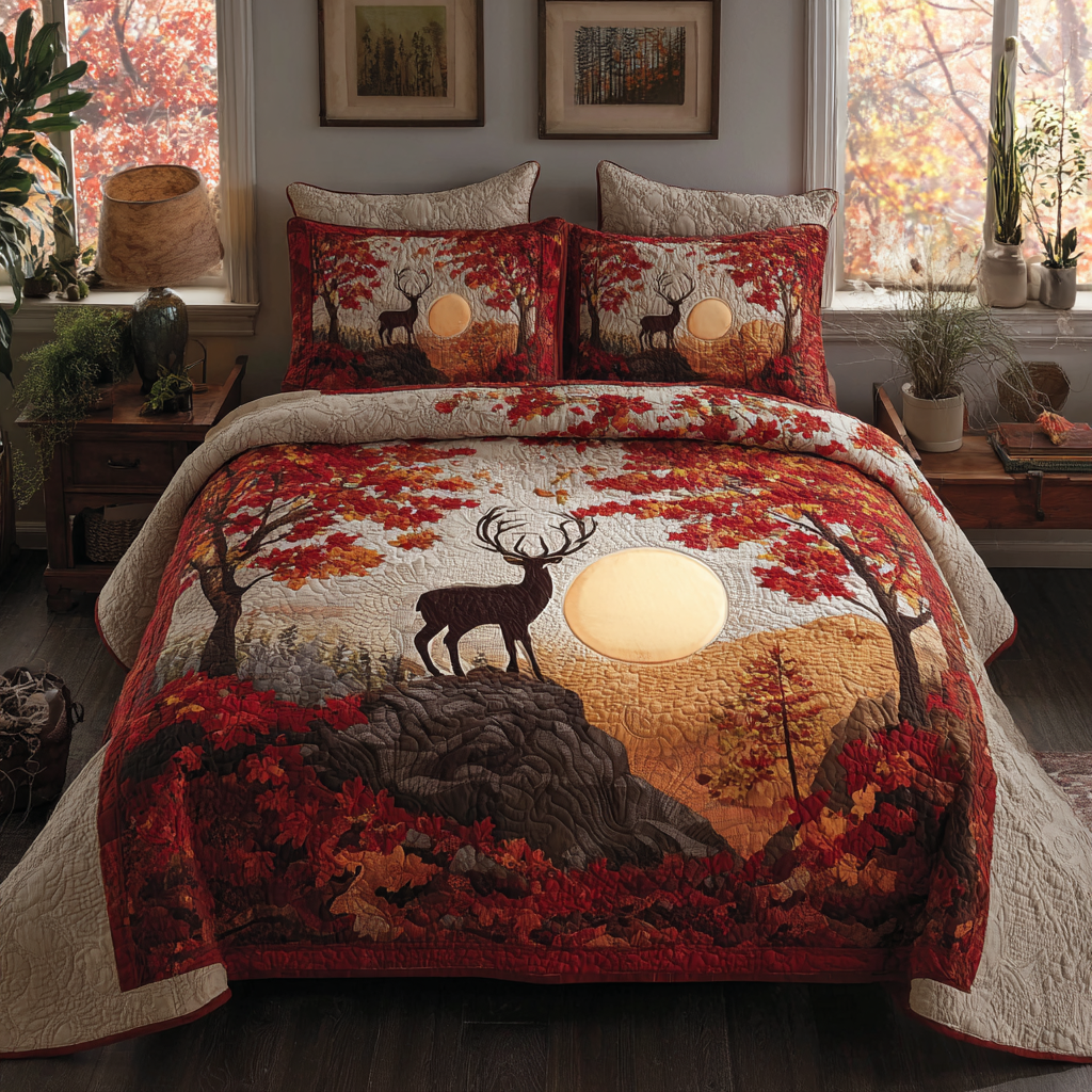 Forest Deer Quilted Bedding Set Best Bedspread Set Autumn Presents