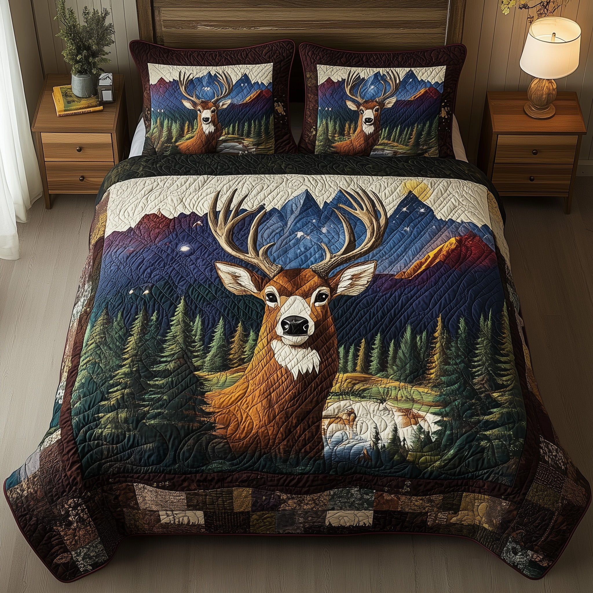 Forest Deer Quilted Bedding Set Duvet Cover Bed Sheet Christmas Gifts For Deer Hunters
