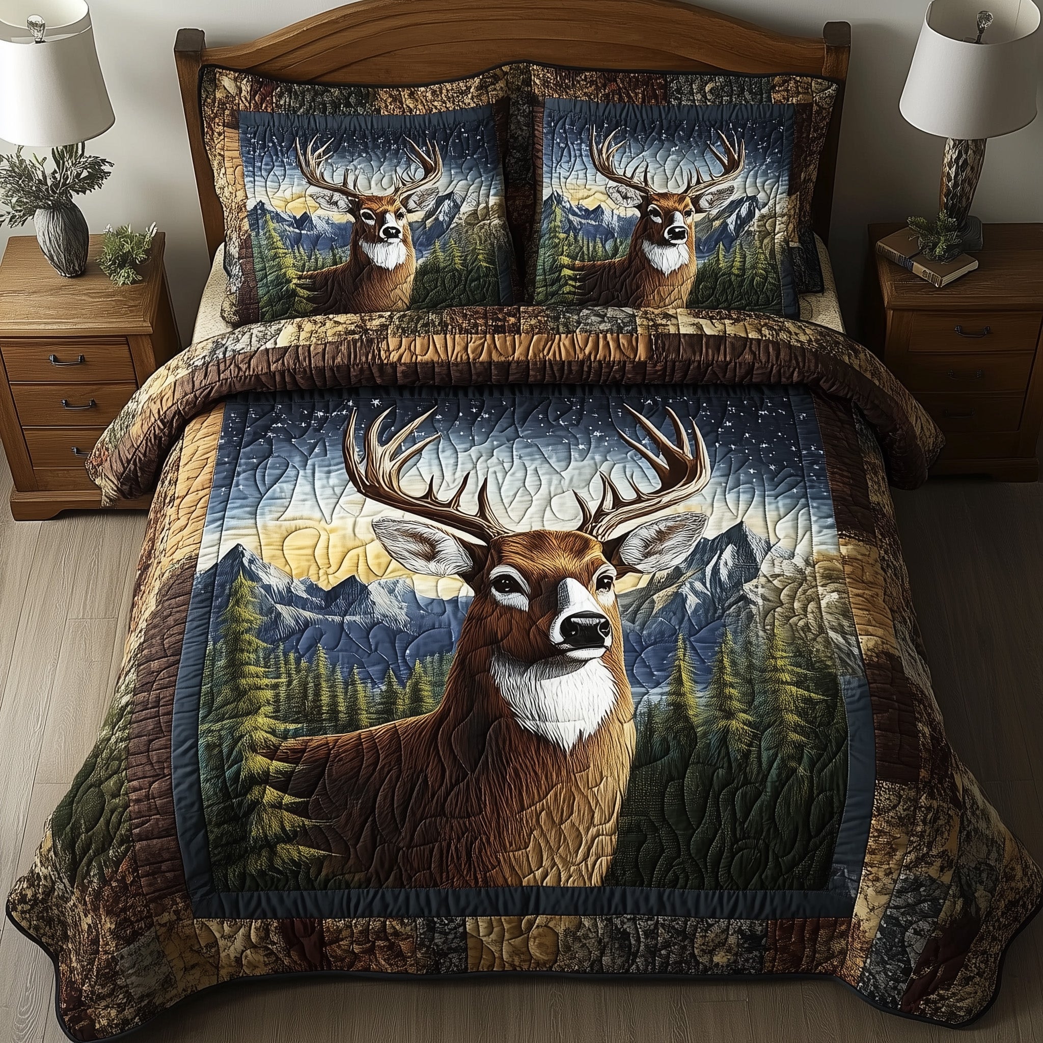 Forest Deer Quilted Bedding Set Duvet Cover Bed Sheet Top Gifts For Deer Hunters