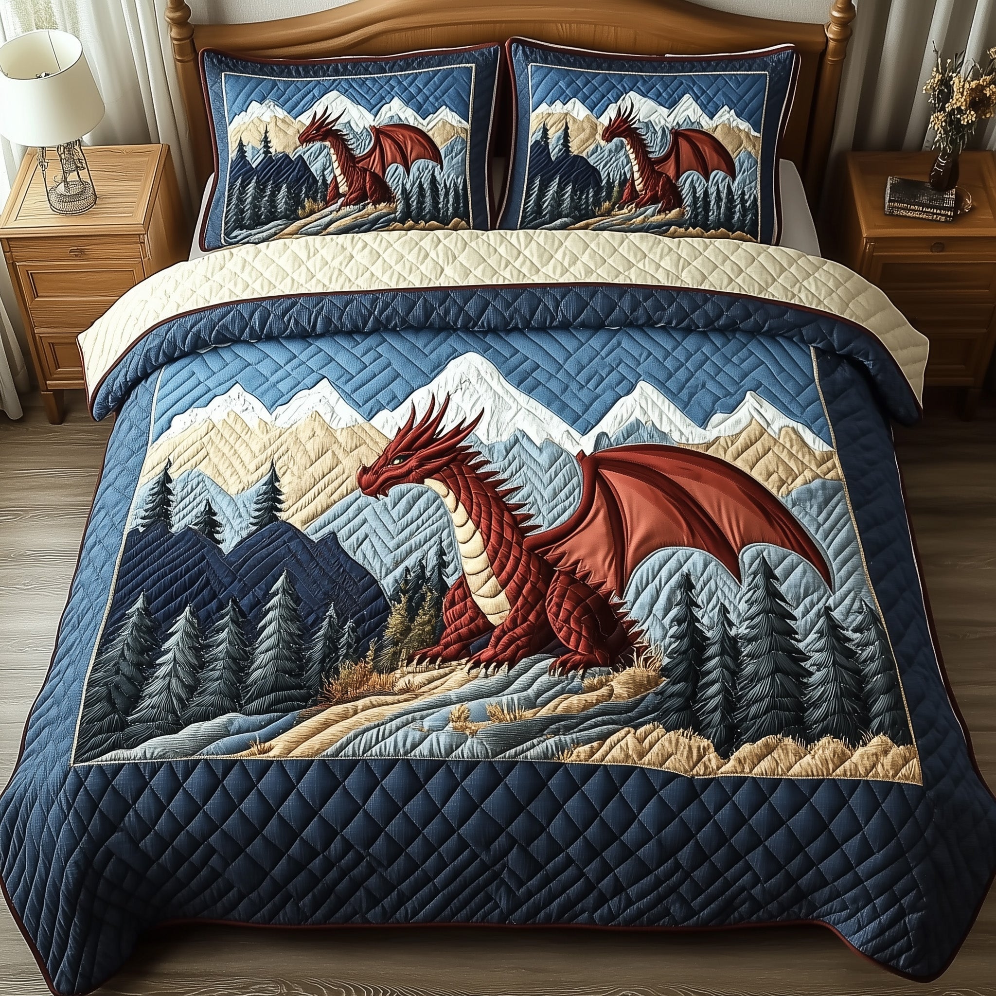Forest Dragon Quilted Bedding Set Duvet Cover Bedspread Best Dragon Gifts For Christmas