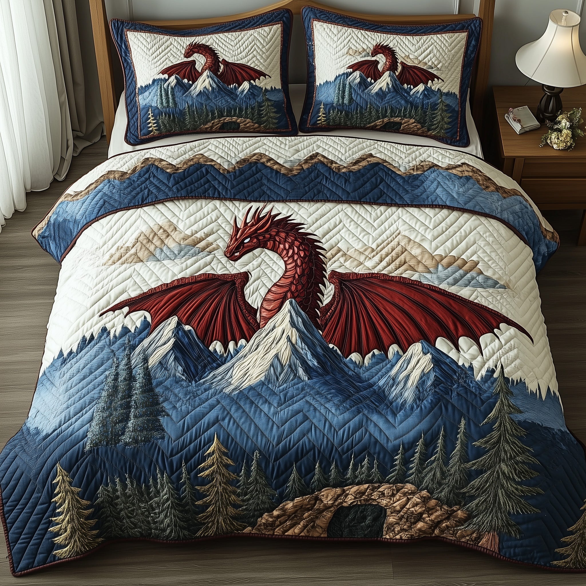 Forest Dragon Quilted Bedding Set Duvet Cover Bedspread Birthday Gifts For Dragon Lovers