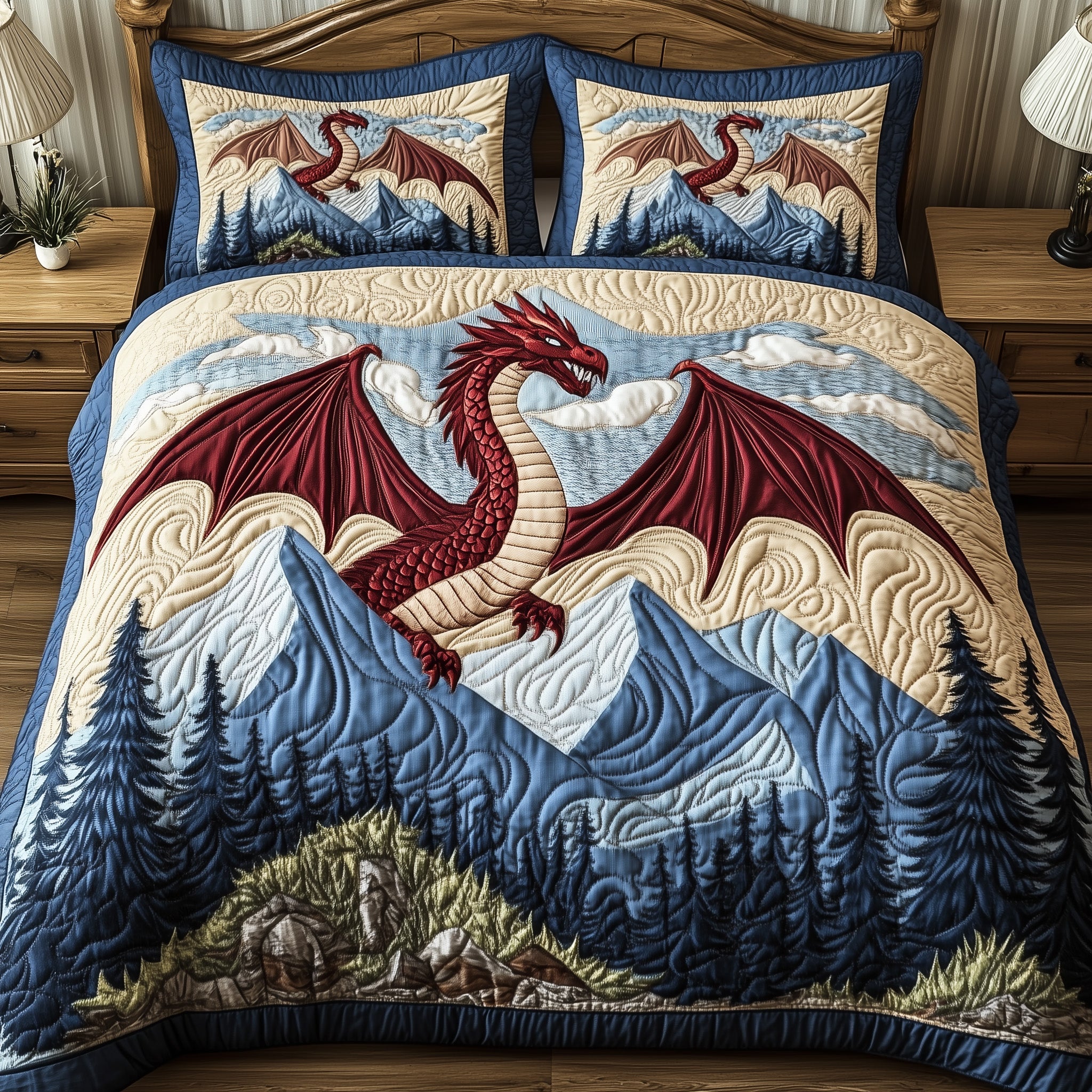 Forest Dragon Quilted Bedding Set Duvet Cover Bedspread Birthday Presents For Dragon Lovers