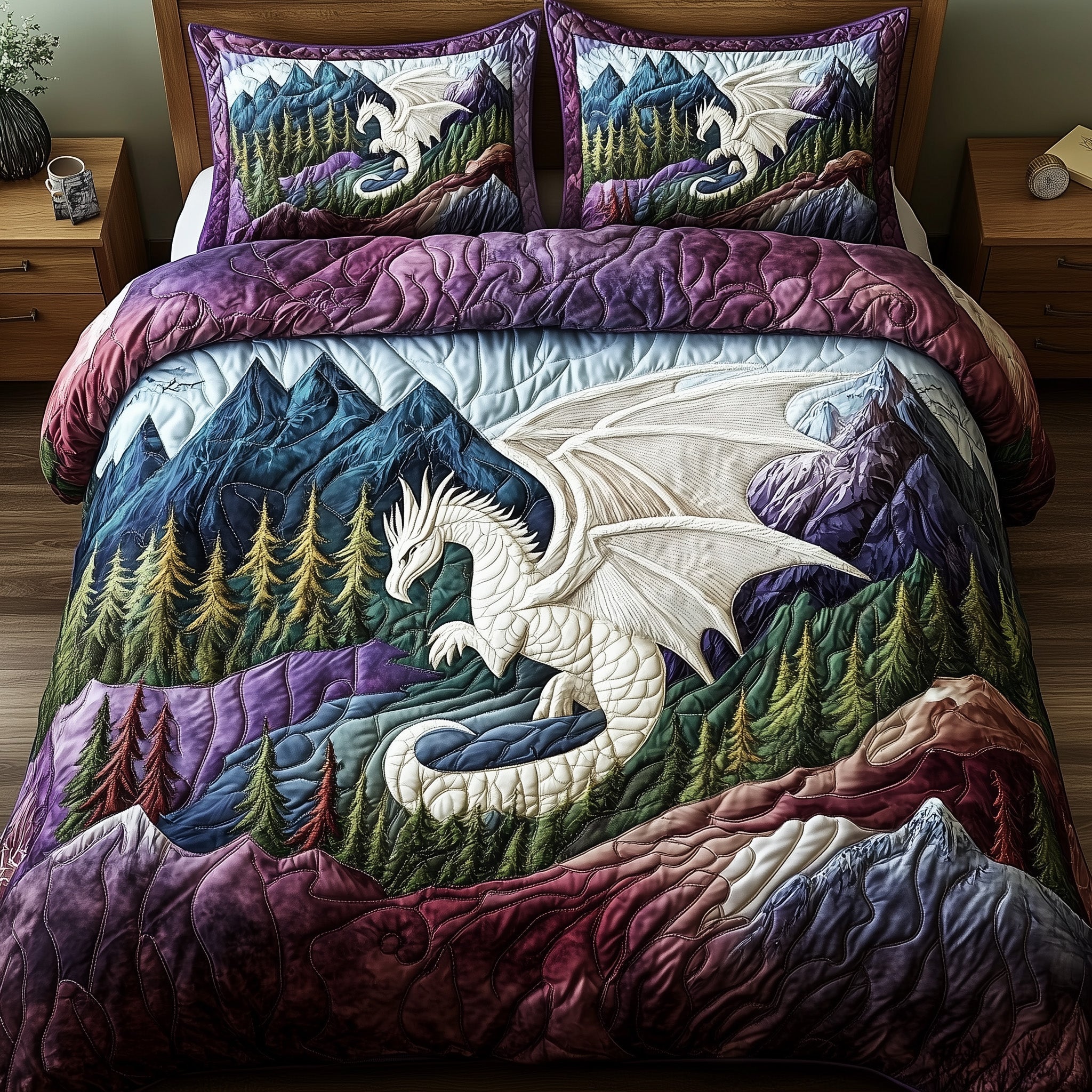 Forest Dragon Quilted Bedding Set Duvet Cover Bedspread Dragon Father's Day Gifts