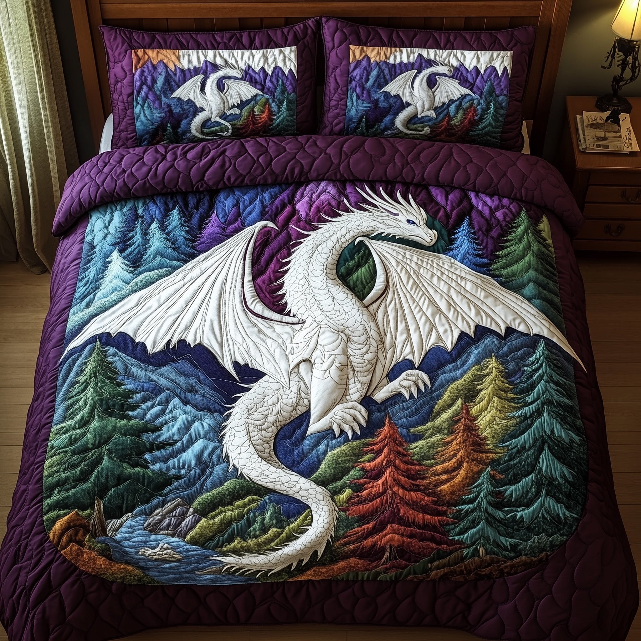 Forest Dragon Quilted Bedding Set Duvet Cover Bedspread Dragon Father's Day Presents