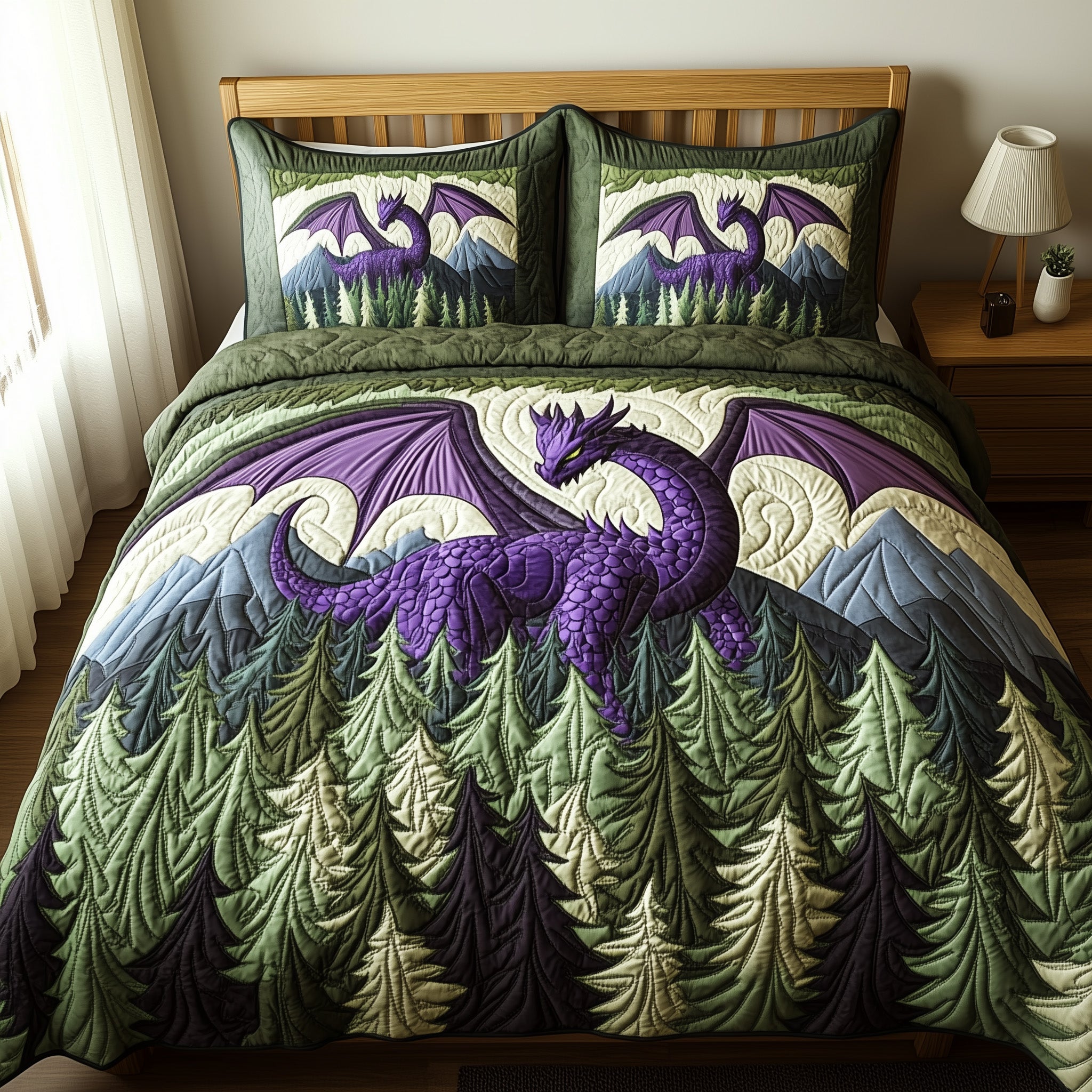 Forest Dragon Quilted Bedding Set Duvet Cover Bedspread Dragon Gifts For Dad