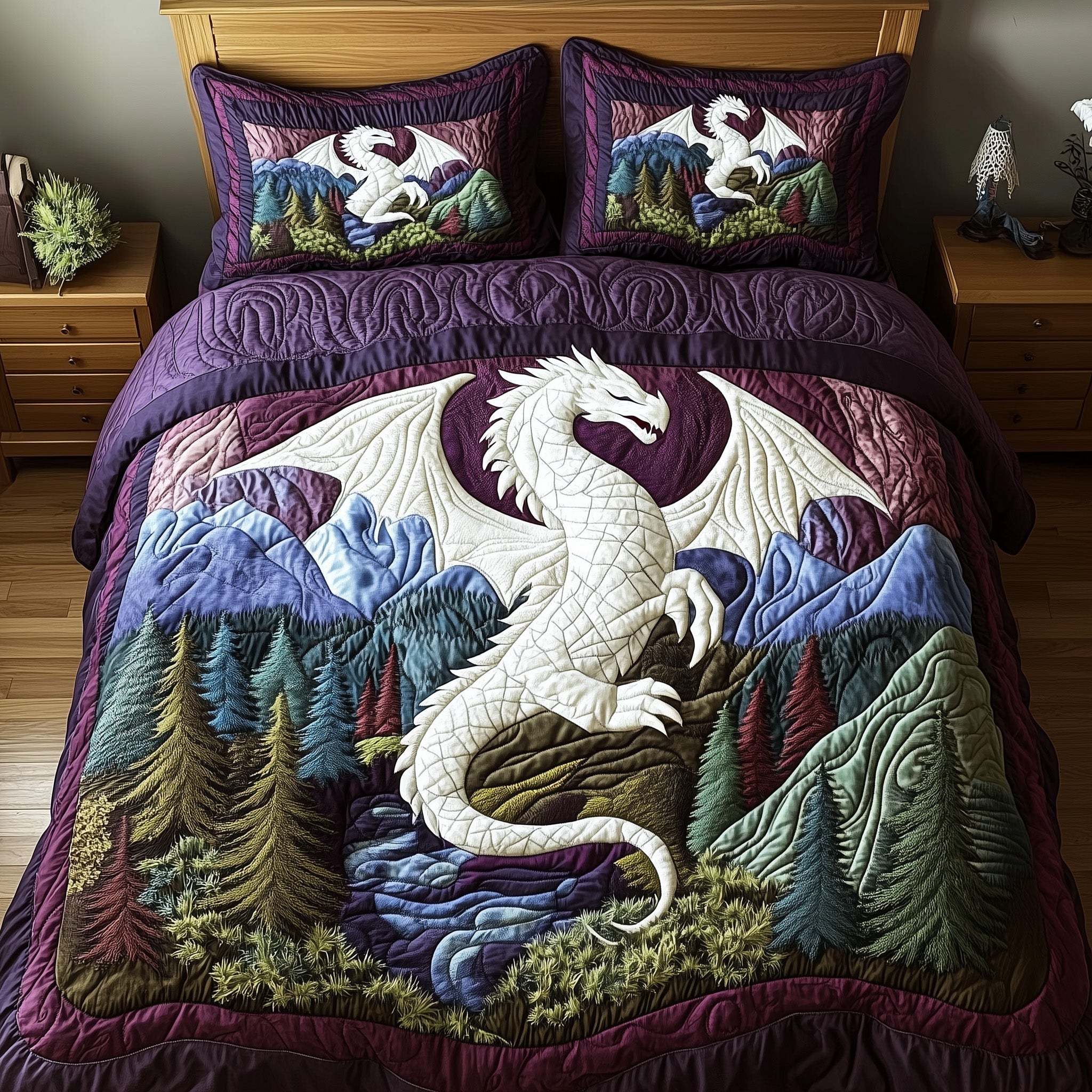 Forest Dragon Quilted Bedding Set Duvet Cover Bedspread Dragon Gifts For Son