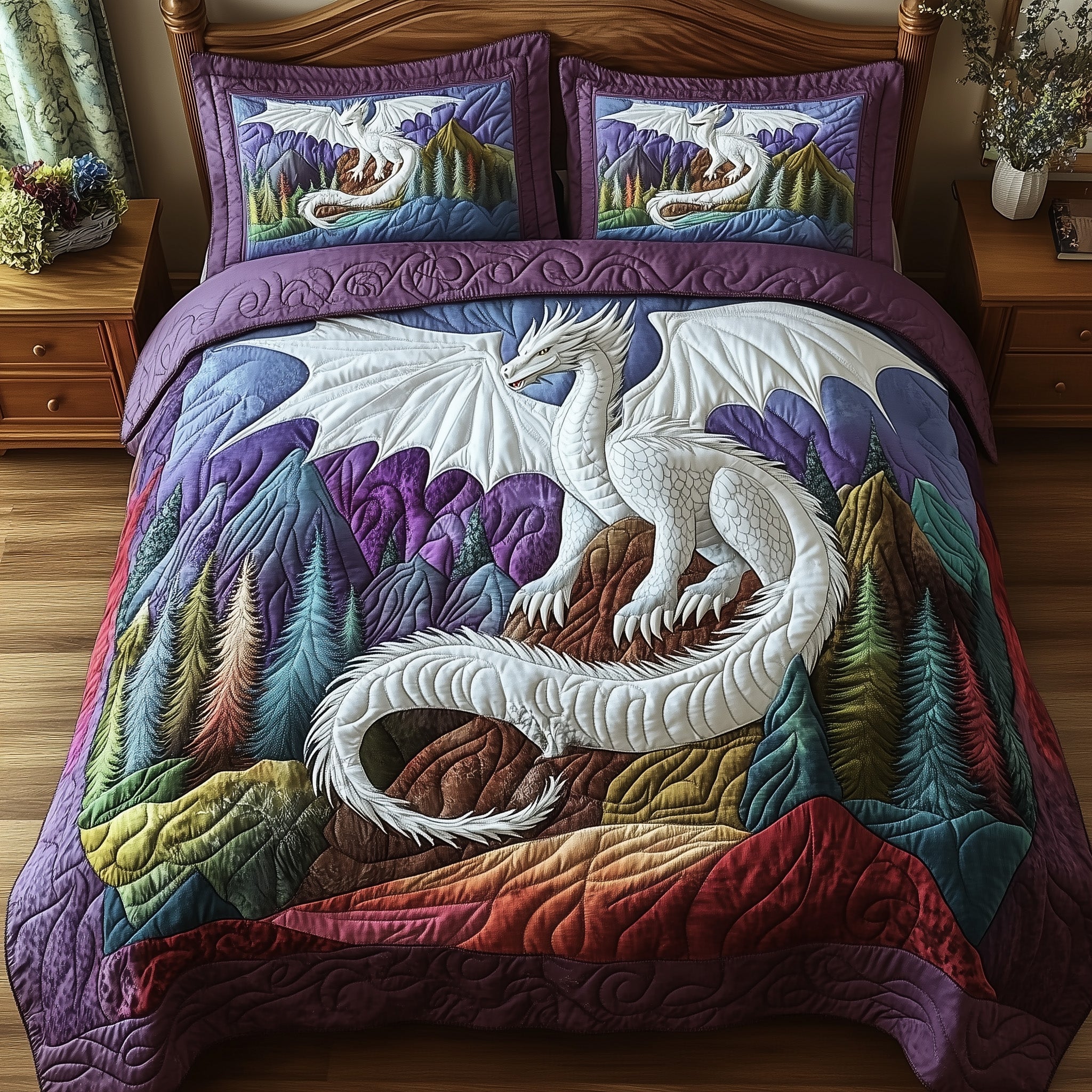 Forest Dragon Quilted Bedding Set Duvet Cover Bedspread Dragon Merchandise