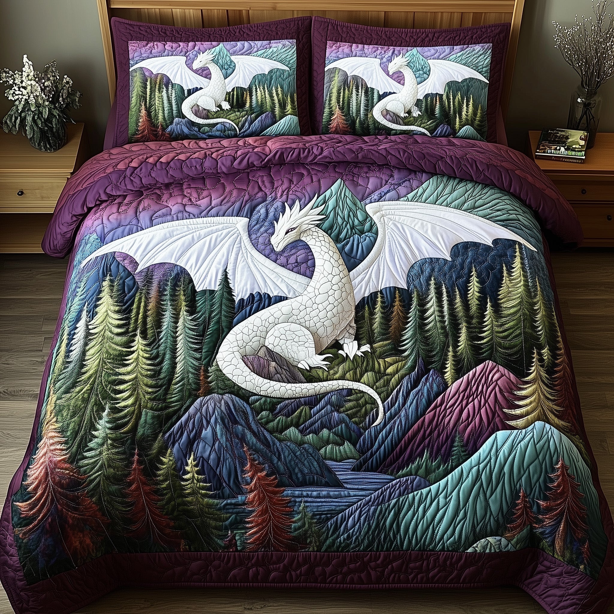 Forest Dragon Quilted Bedding Set Duvet Cover Bedspread Dragon Presents For Men