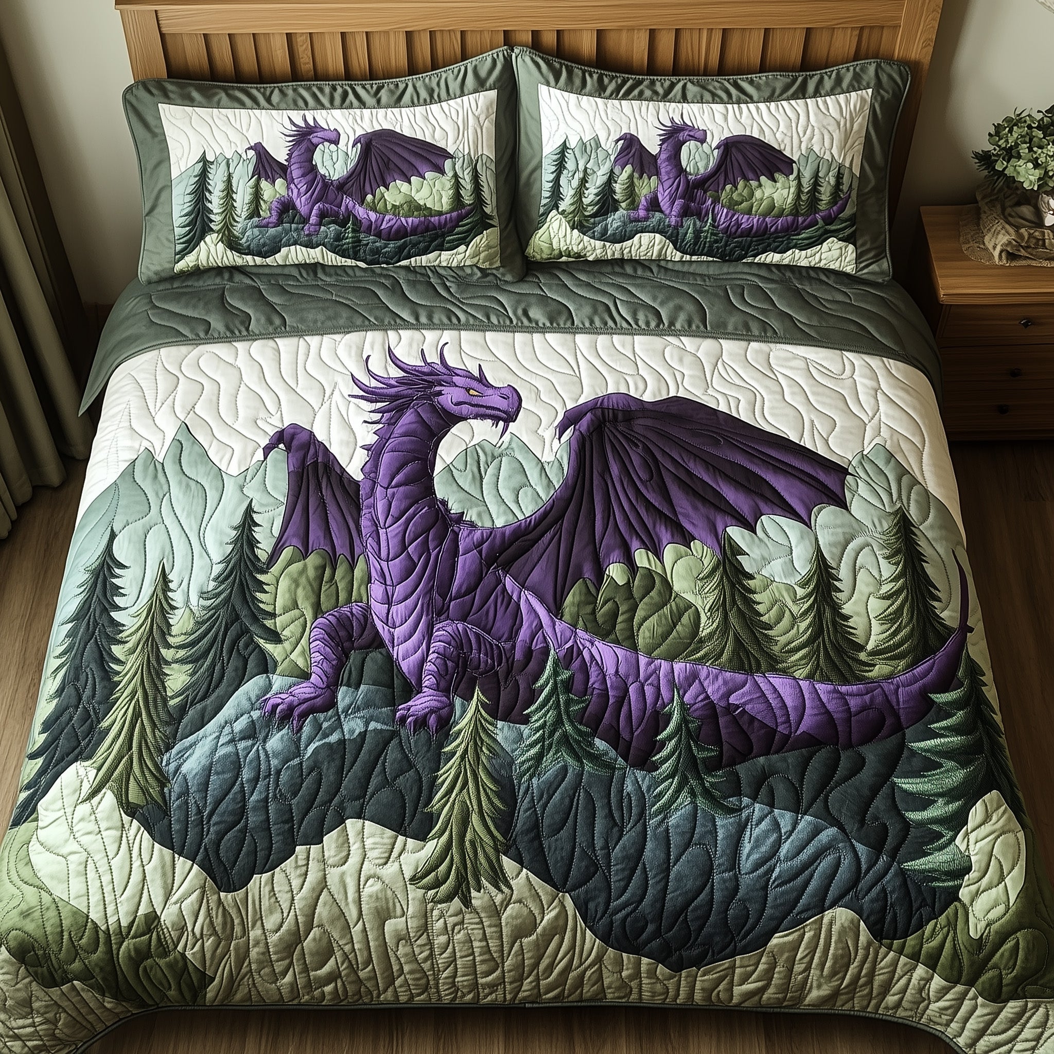 Forest Dragon Quilted Bedding Set Duvet Cover Bedspread Dragon Themed Gift Items