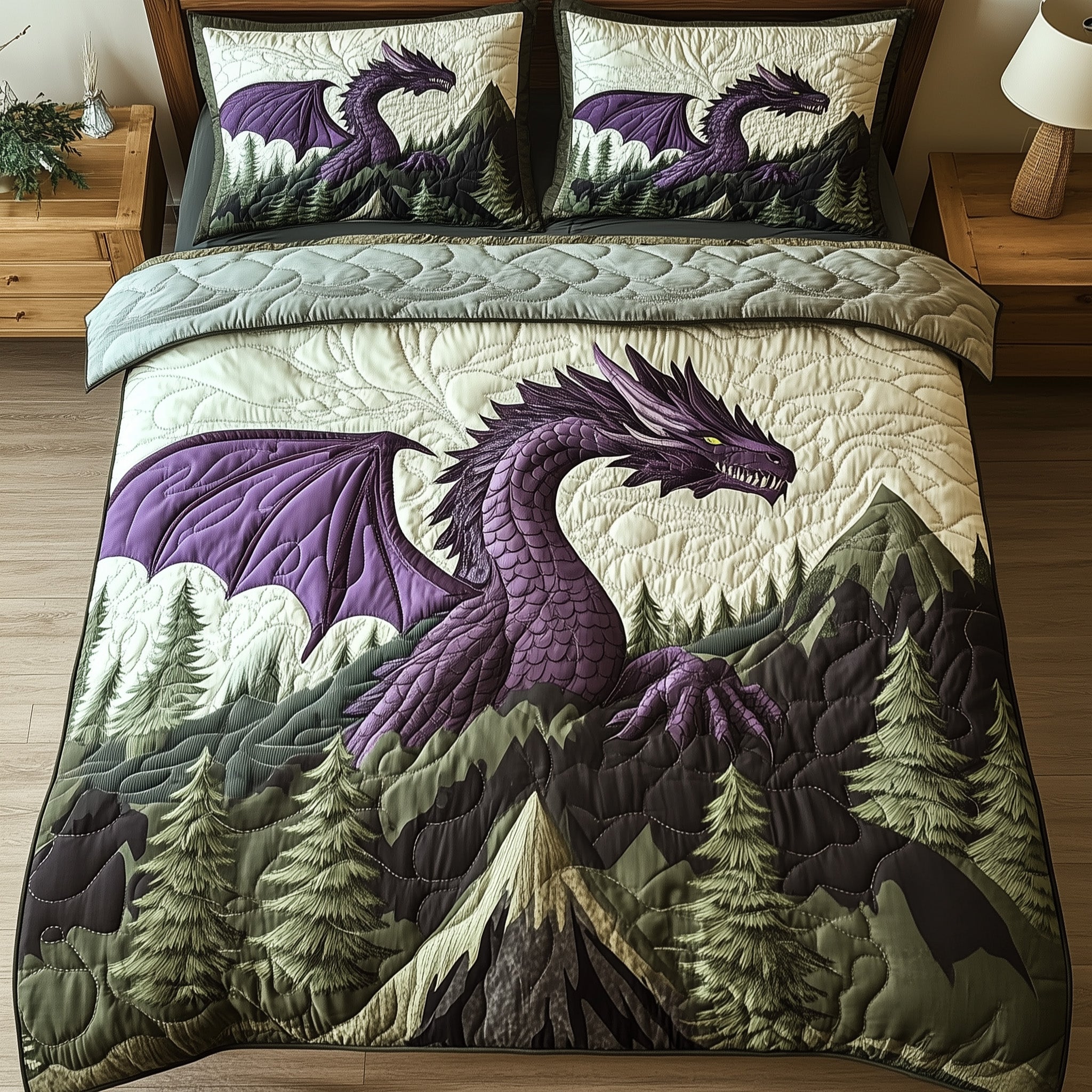 Forest Dragon Quilted Bedding Set Duvet Cover Bedspread Great Dragon Lover Gift Ideas