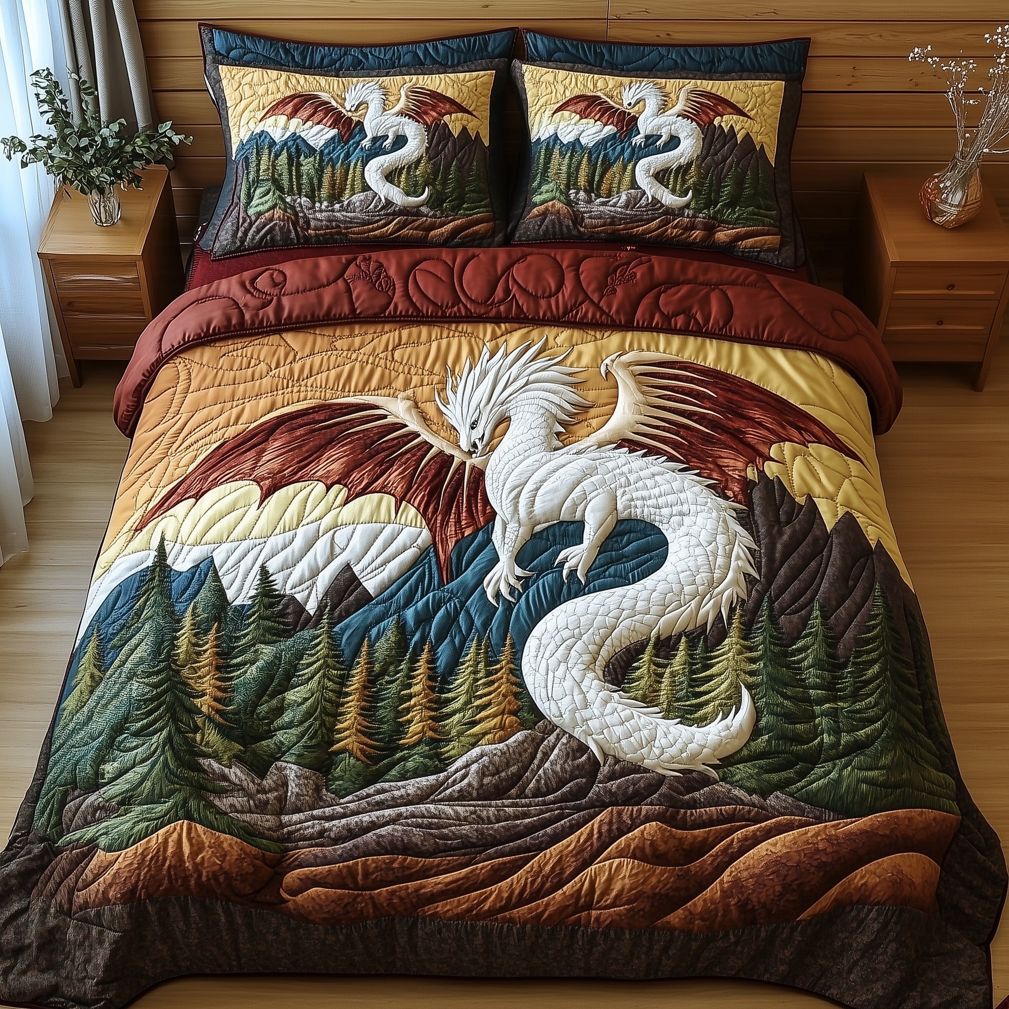 Forest Dragon Quilted Bedding Set Duvet Cover Bedspread Unique Best Gifts For Dragon Lovers
