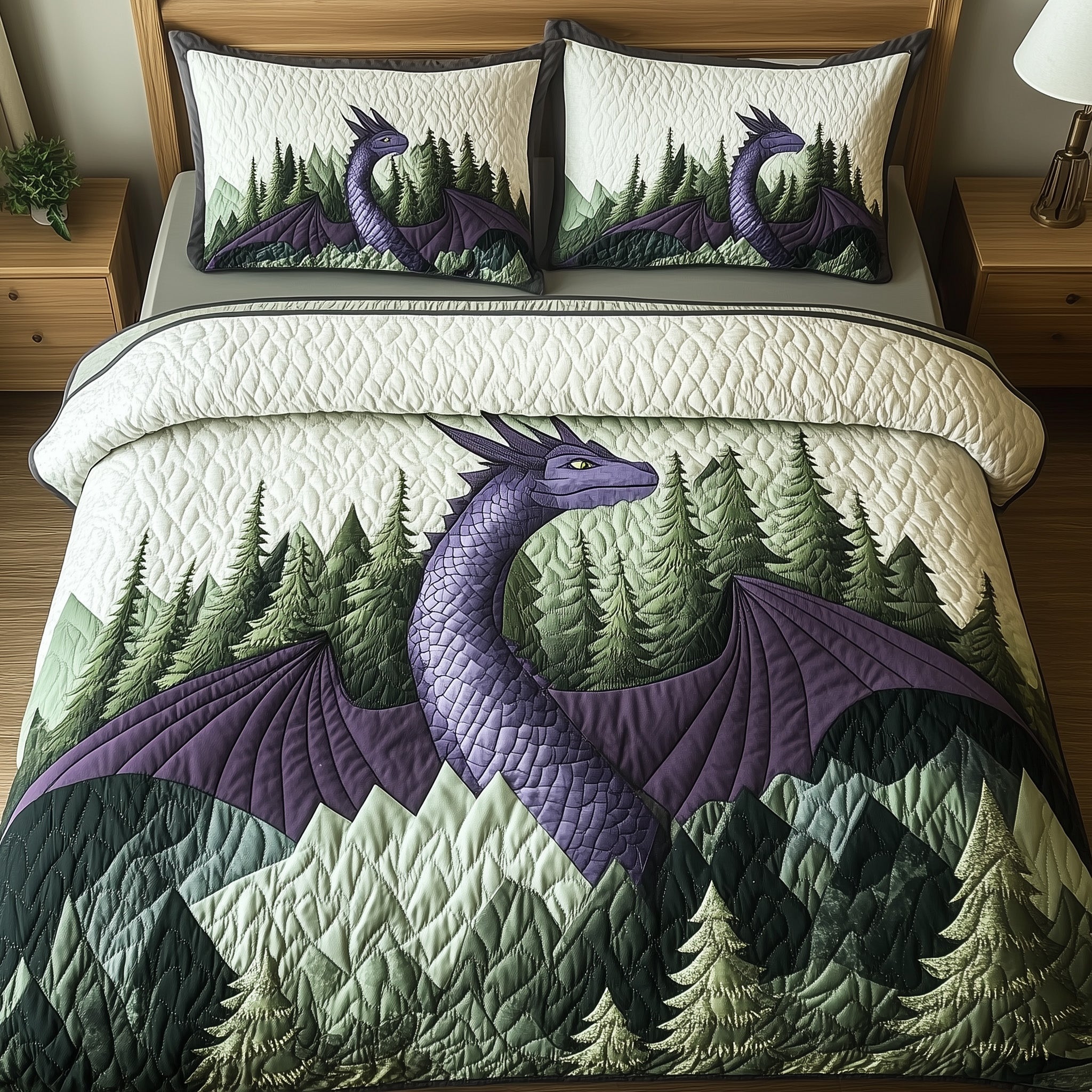 Forest Dragon Quilted Bedding Set Duvet Cover Bedspread Unusual Dragon Gifts