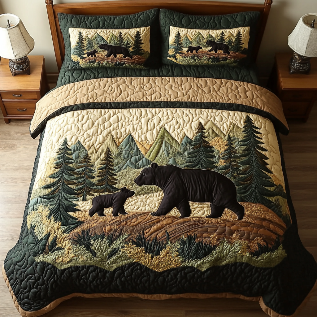 Forest Dreams Quilted Bedding Set Aesthetic Room Decor Presents For Bear Lovers