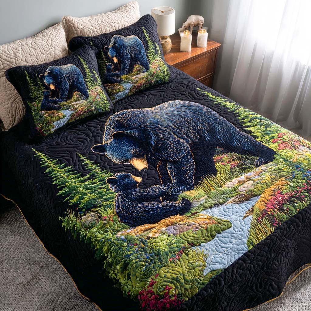 Forest Embrace Quilted Bedding Set Cute Room Decor Cute Bear Gifts For Him Her