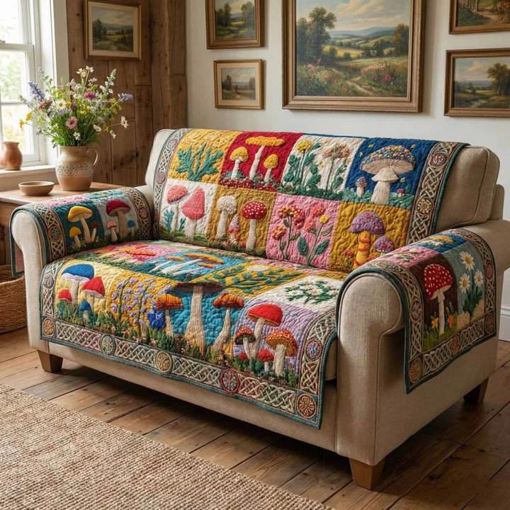 Forest Forage Quilted Sofa Cover Cottagecore Mushroom Nature Furniture Protector Best Gift Ideas