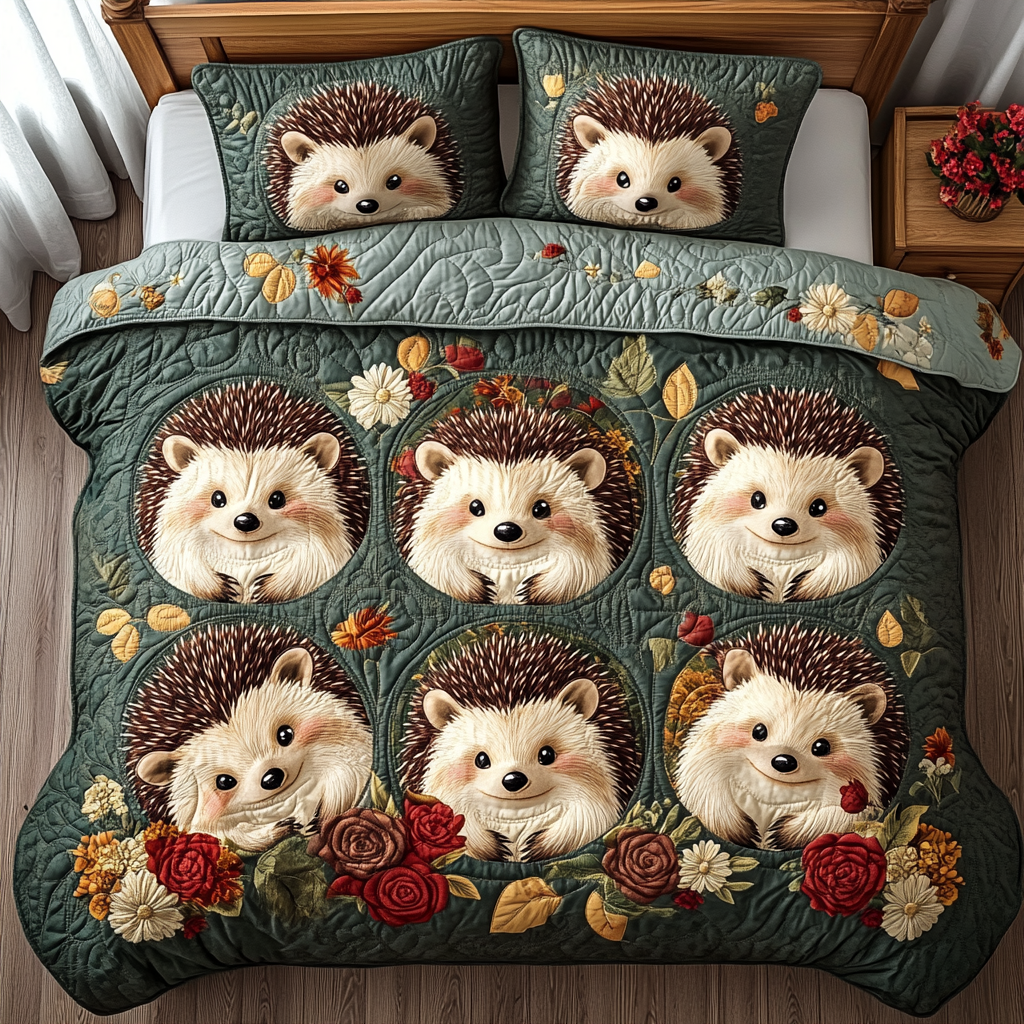 Forest Friend Quilted Bedding Set Christmas Room Decor Ideas Gift For Hedgehog Lovers