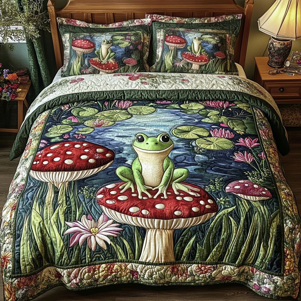 Forest Friend Quilted Bedding Set Cute Bedroom Decor Frog Gifts For Him