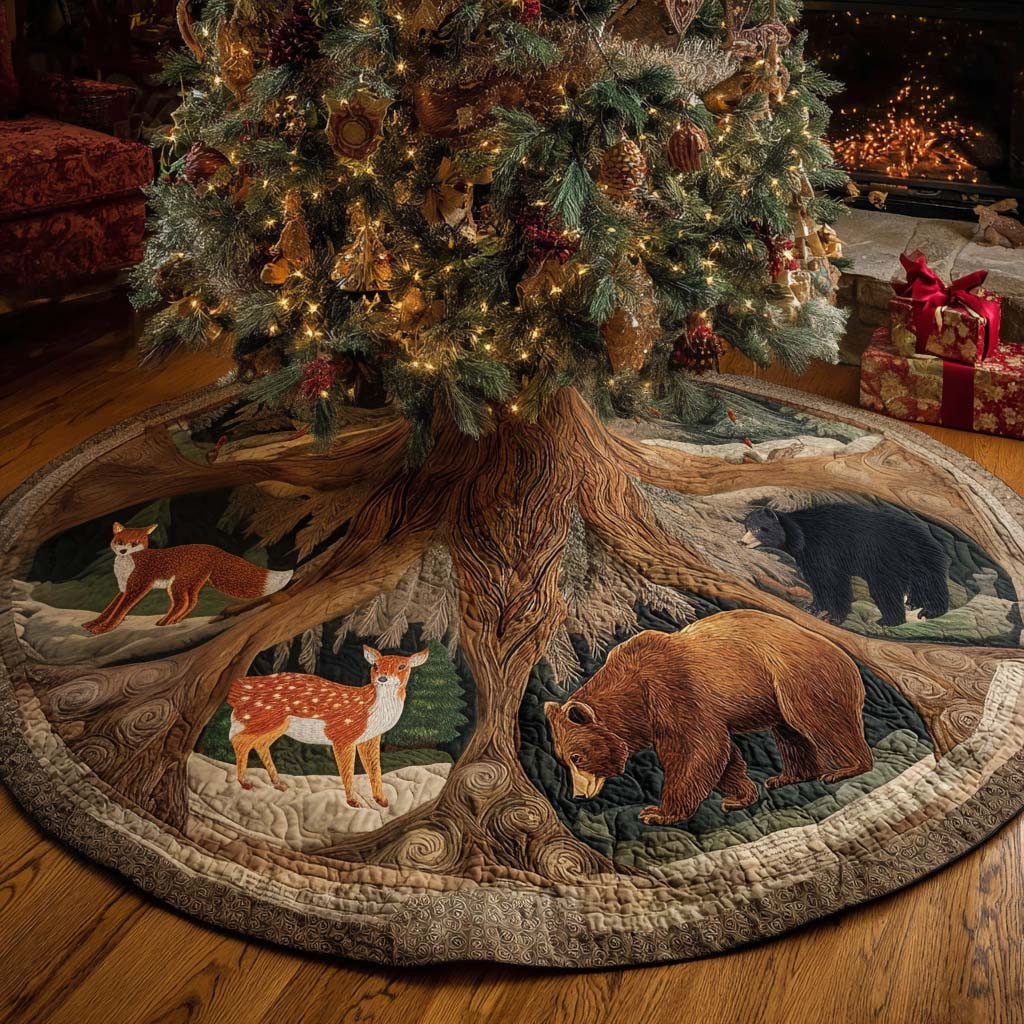 Forest Gathering Christmas Quilted Tree Skirt Animal Themed Xmas Decoration Xmas Present Ideas