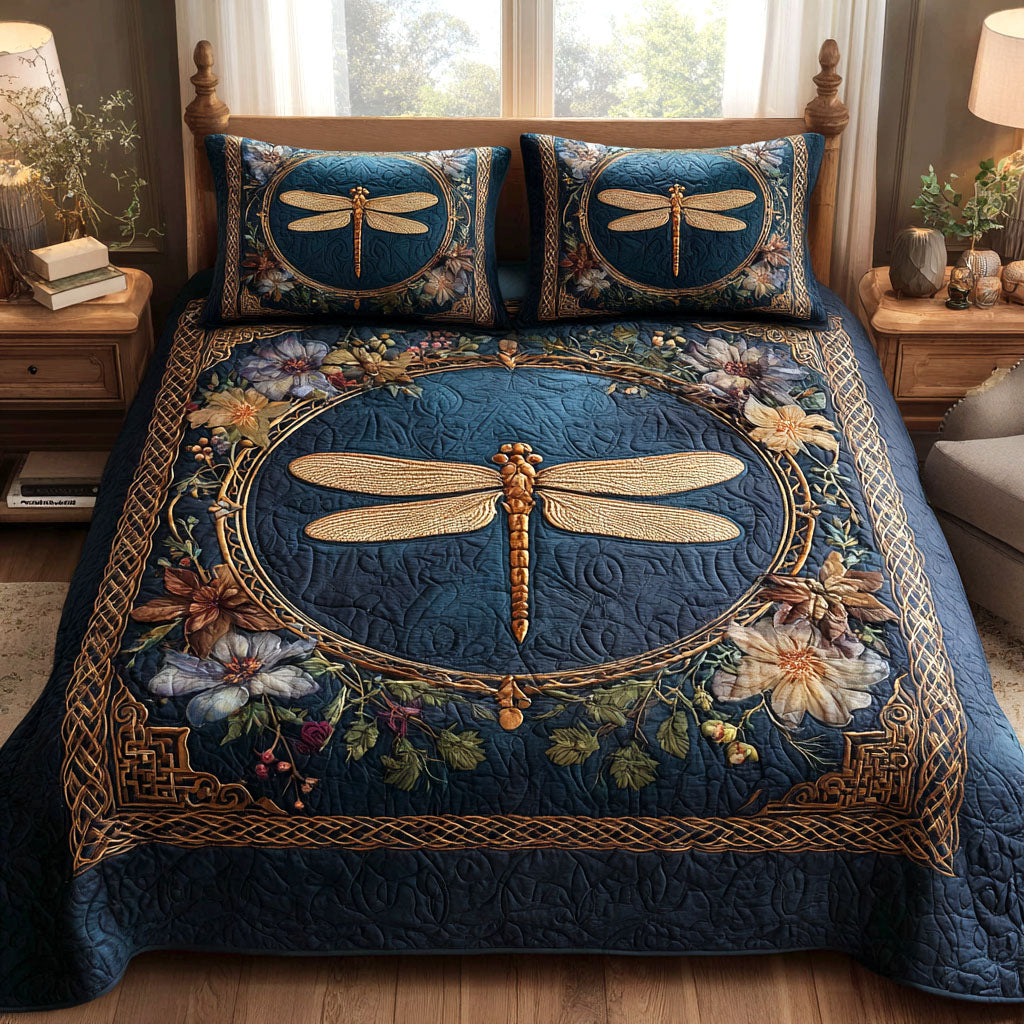 Forest Gleam Quilted Bedding Set Aesthetic Room Decor Great Dragonfly Lover Gift Ideas