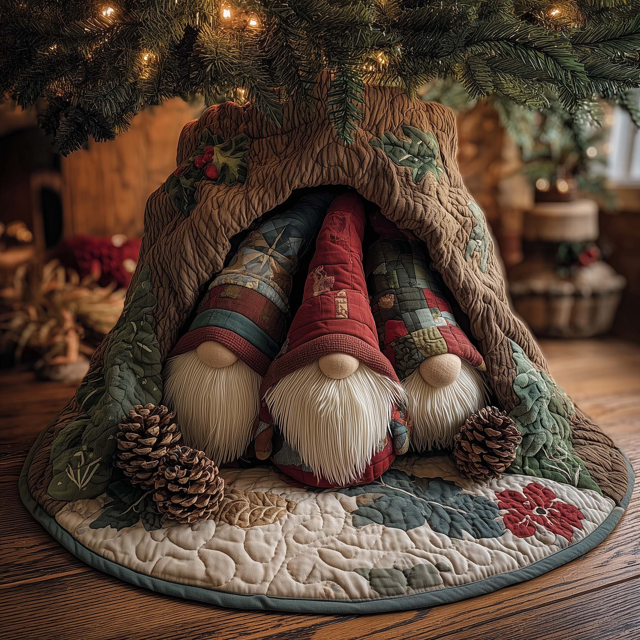 Forest Gnome Family Christmas Quilted Tree Skirt Holiday Tree Surround Decor Gnome Gifts