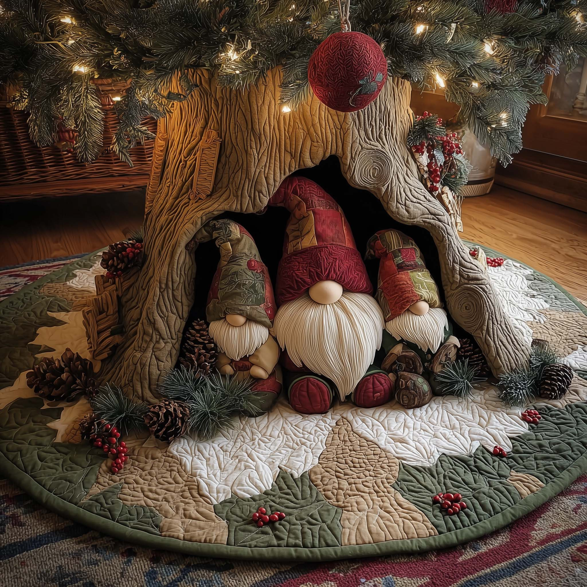 Forest Gnome Family Christmas Quilted Tree Skirt Xmas Tree Bottom Cover Gnome Gifts For Him