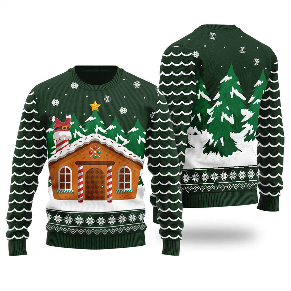 Forest Green Gingerbread House Men Ugly Xmas Sweater Cute Christmas Sweatshirt for Holiday Spirit