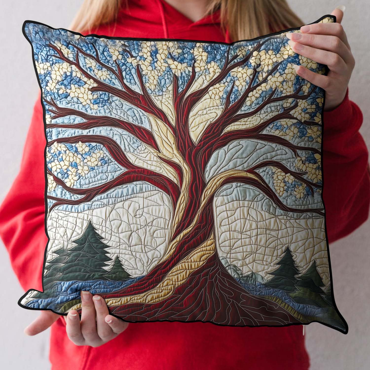 Forest Harmony Quilted Pillow Case Boho Style Natural Home Decor Gifts For Tree Lovers