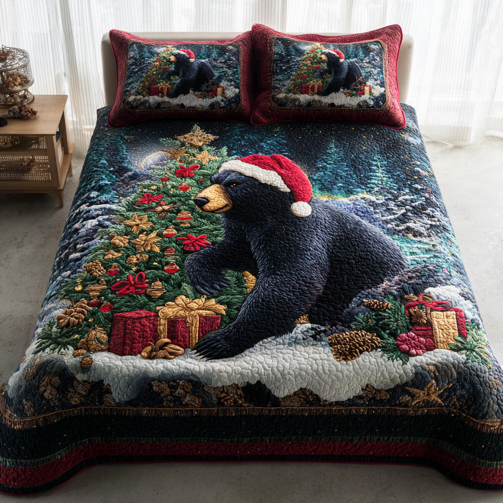 Forest Holiday Bear Quilted Bedding Set Holiday Duvet Cover Set Family Xmas Present Ideas