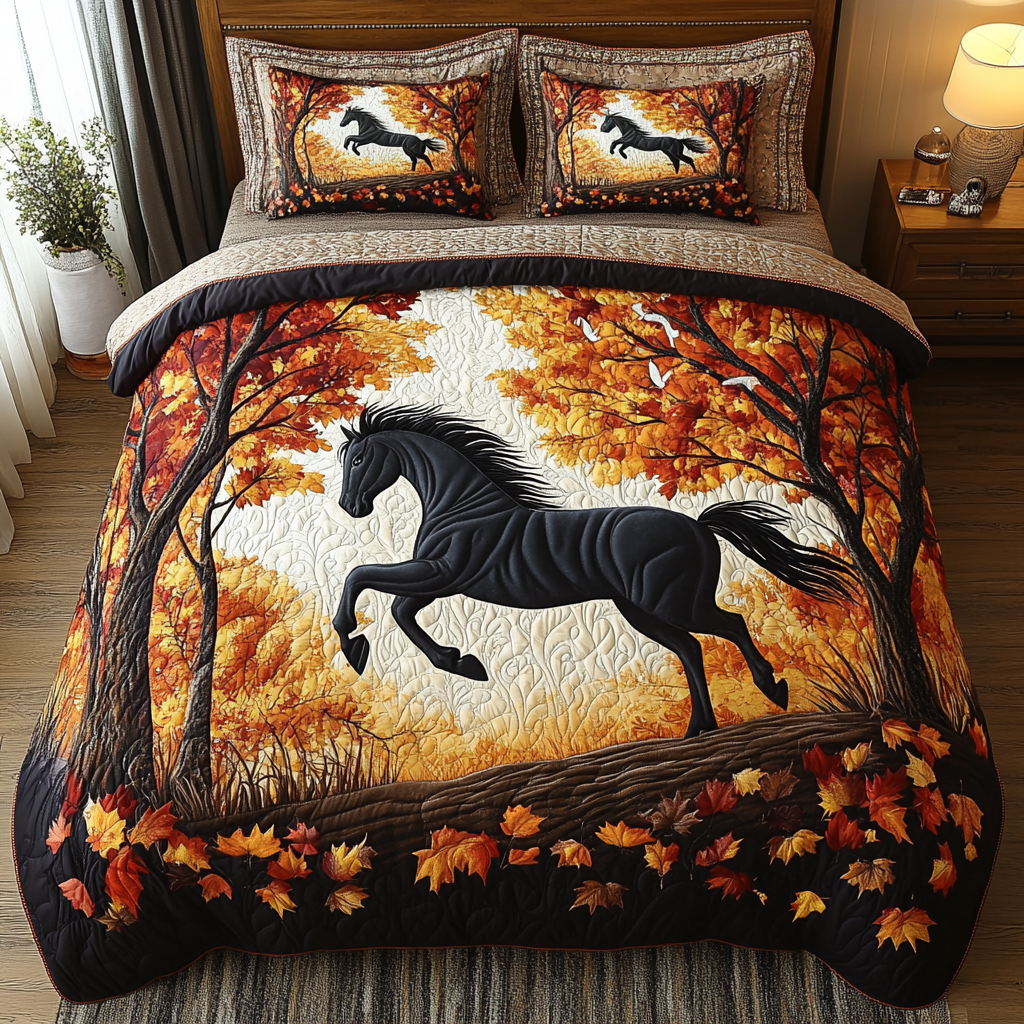 Forest Horse Quilted Bedding Set Autumn Themed Bed Sheets Gifts For Young Horse Riders